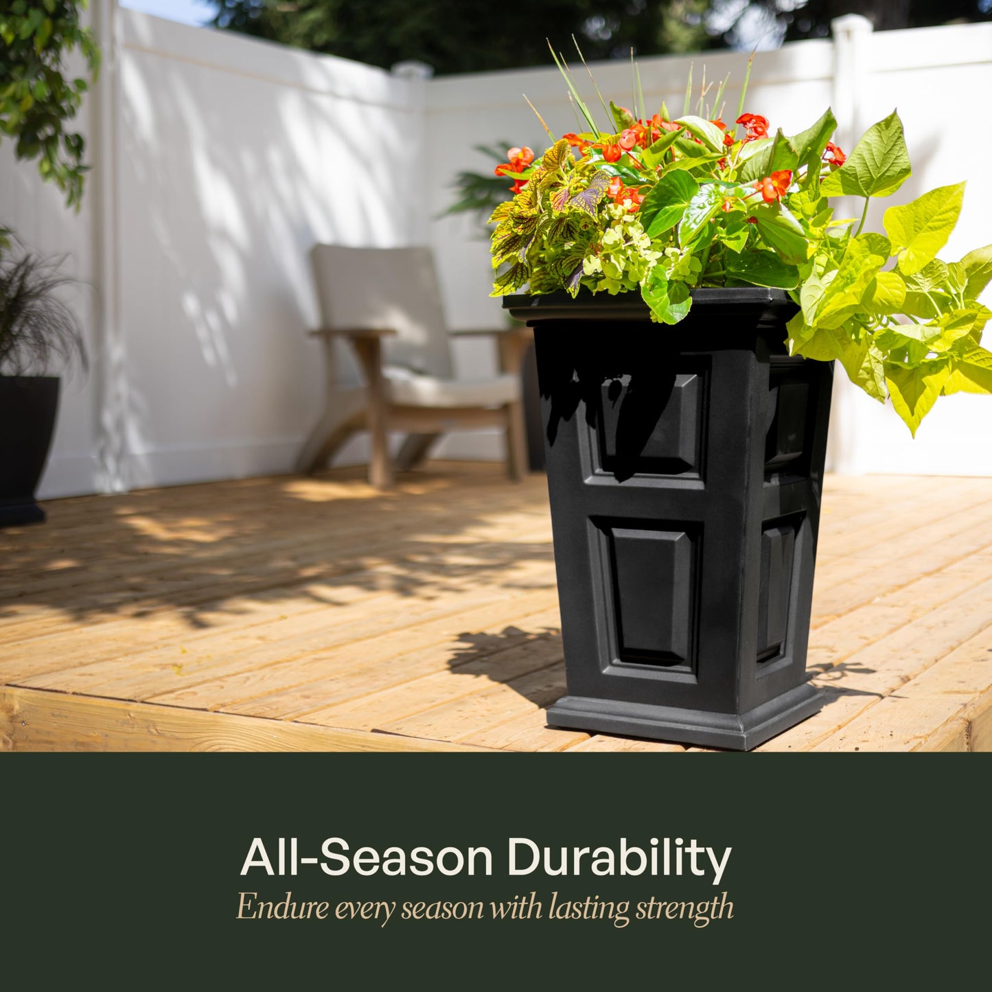 Nantucket 24-Inch Self Watering Tall Planter, 2-Pack, Weather-Resistant and Durable, Ideal for Indoor and Outdoor Use, Perfect for Patio, Porch, or Entryway, Black