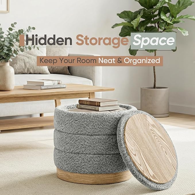 Round Storage Ottoman with Reversible Tray Lid, Folding Chenille Fabric