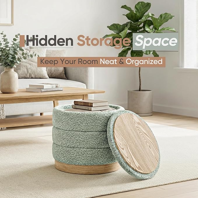 Round Storage Ottoman with Reversible Tray Lid, Folding Chenille Fabric