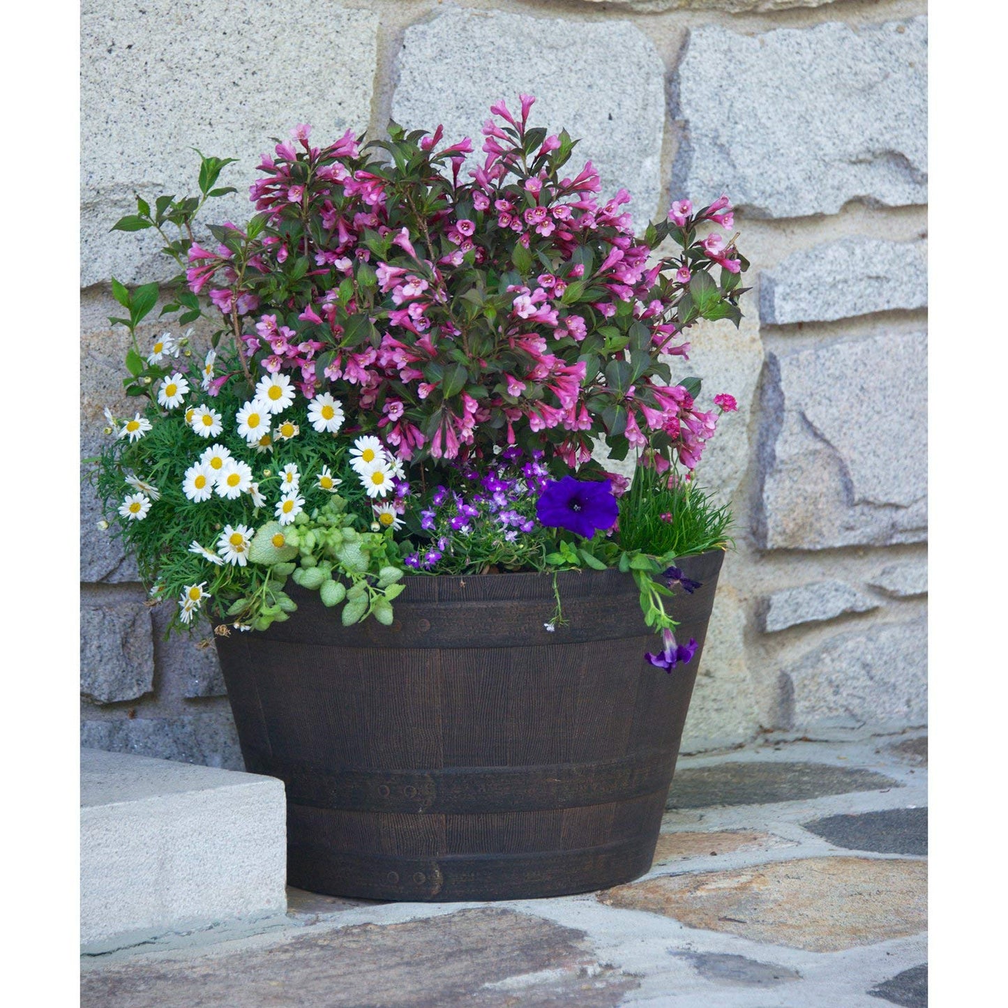 Rocky Mountain Goods Whiskey Barrel Planter Pot Large - 15” Weathered Oak Barrel Plastic Resin - Outdoor/Indoor Flower Pot - UV Fade Resistant Finish