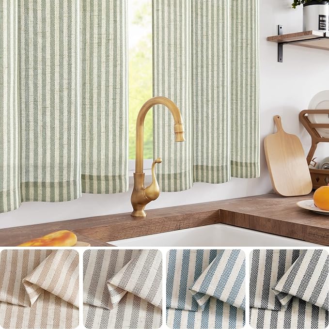 jinchan Striped Linen Kitchen Curtains 30 Inches Length Tier Curtains Farmhouse Modern Cafe Style Small Window Treatments Airy Light Filtering Rod Pocket for Living Room Bathroom 2 Panels Sage Green