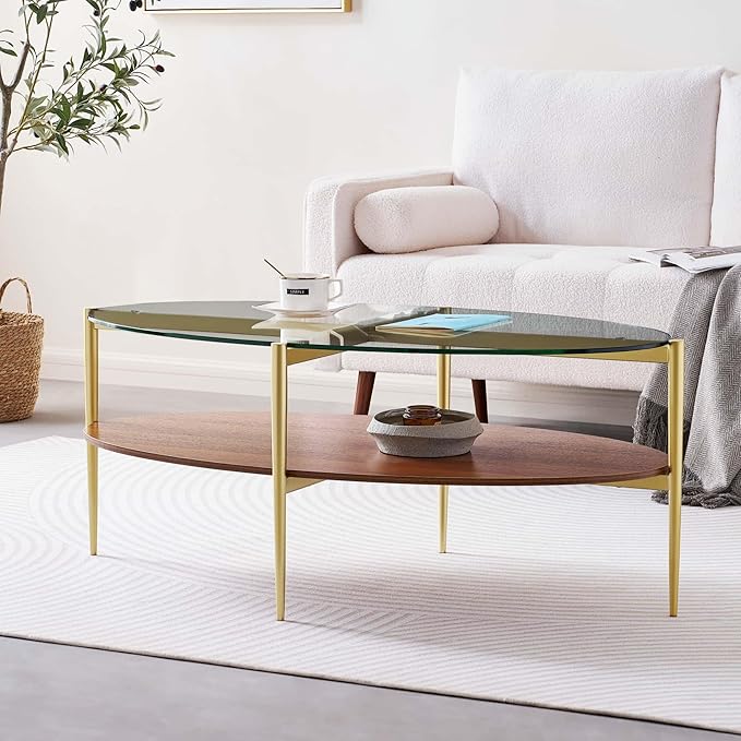 LumFurn Oval Glass Coffee Table, Mid-Century Modern Design, L43 x W22 x H17 inch