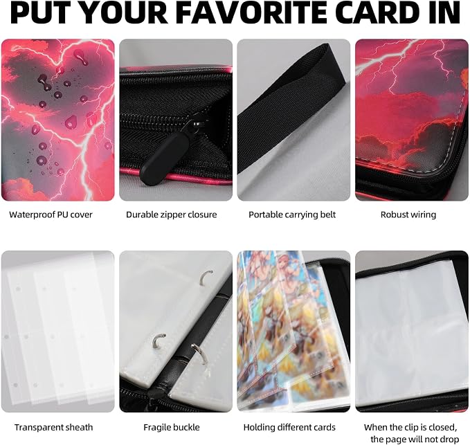 Collectible Trading Card Albums,4 Pocket Card Binder, 400 Double Sided Pocket PU Premium Zip Trading Collection Binderwith 50 Removable Sleeves, Card Folder forTCG, Sports Cards (Red&Yellow& Blue)