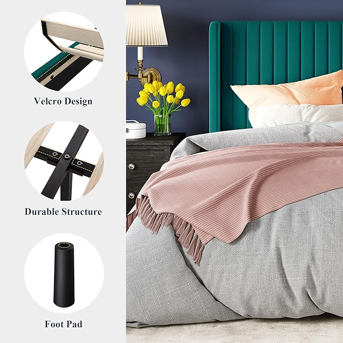 Allewie Full Size Bed Frame/Velvet Upholstered Platform Bed/Vertical Channel