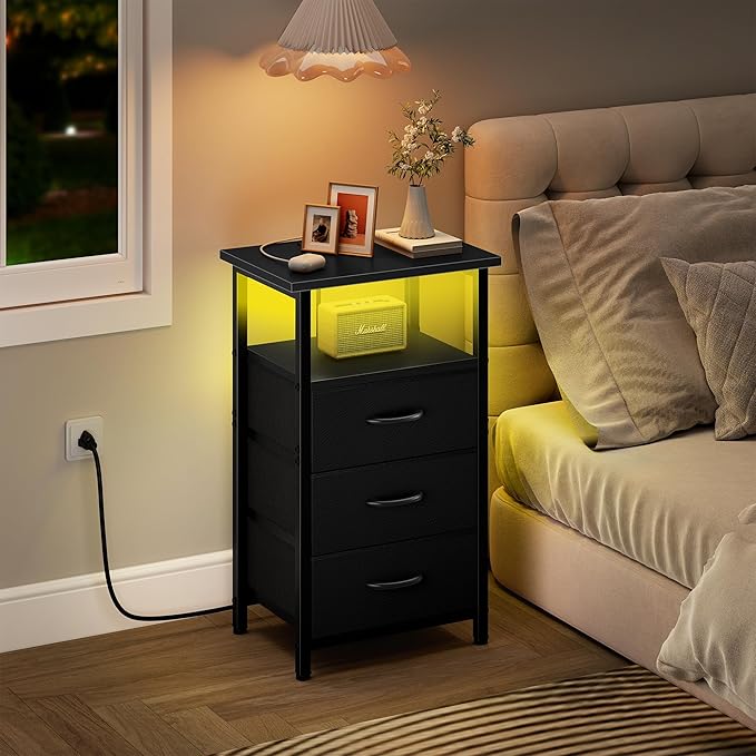 Vagusicc Night Stand with Charging Station, LED Nightstand