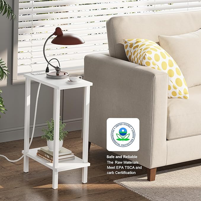 TUTOTAK Small End Table with Charging Station, Narrow Side Table with USB Ports