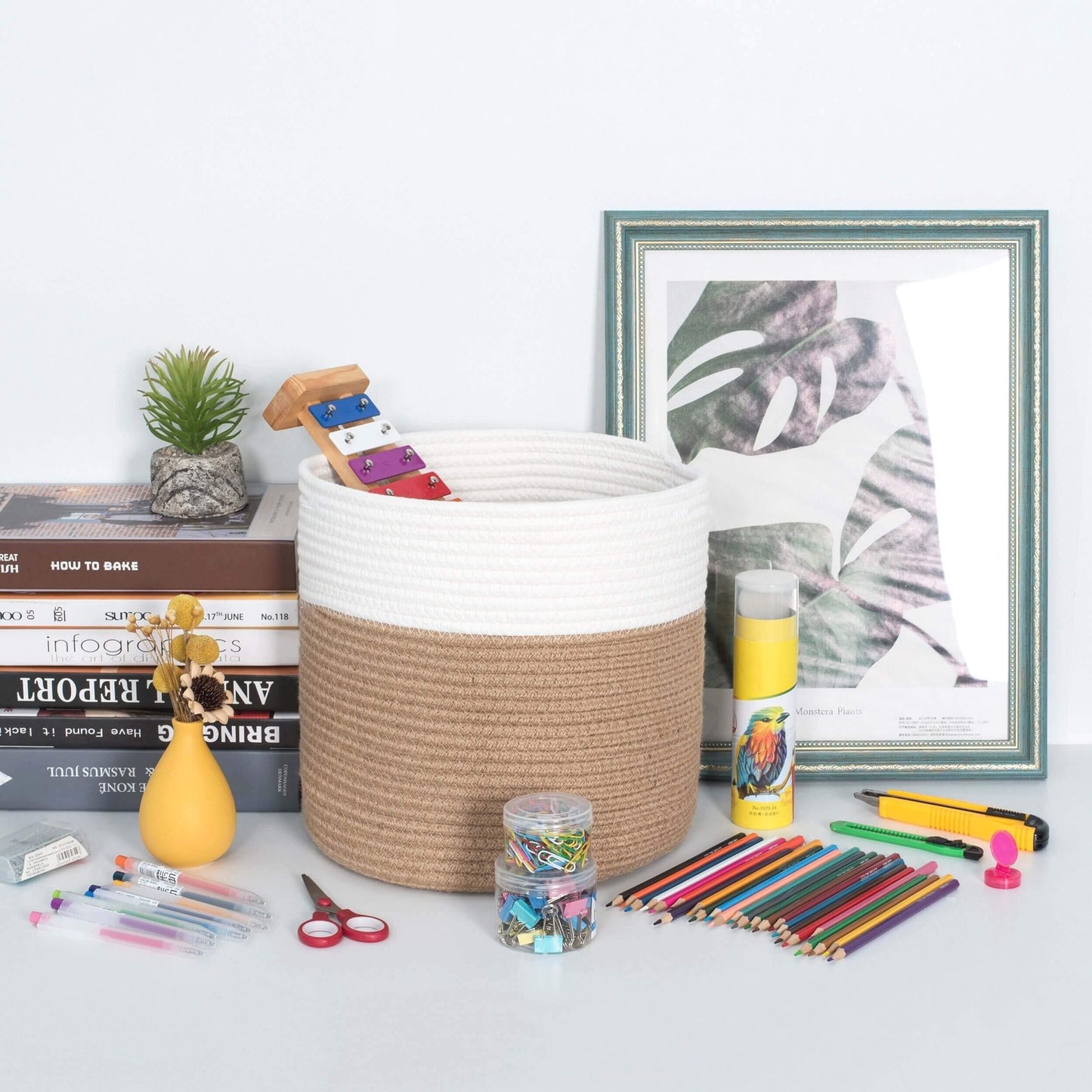 MINTWOOD Design 11 x 11 Inches Cotton Rope Basket for Flower Pot and Indoor Floor Planters, Decorative Round Woven Plant Pot Basket, Planter Covers, Small Dog Toy Storage Baskets, Jute