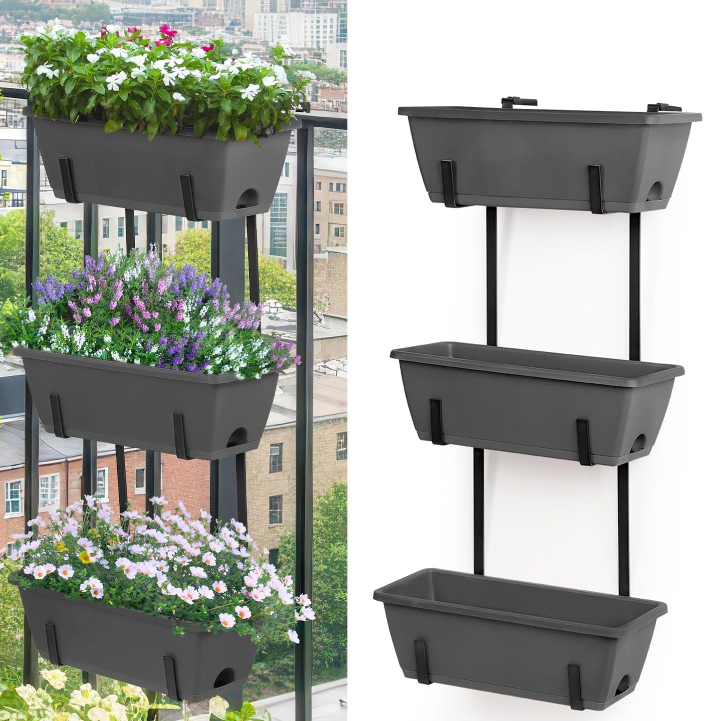 OYEAL Deck Railing Planter Boxes Set of 2 Over Fence Planters for Outdoor Plants, Hanging Window Planter Boxes with Adjustable Brackets, 6 Plastic Flower Boxes, Grey