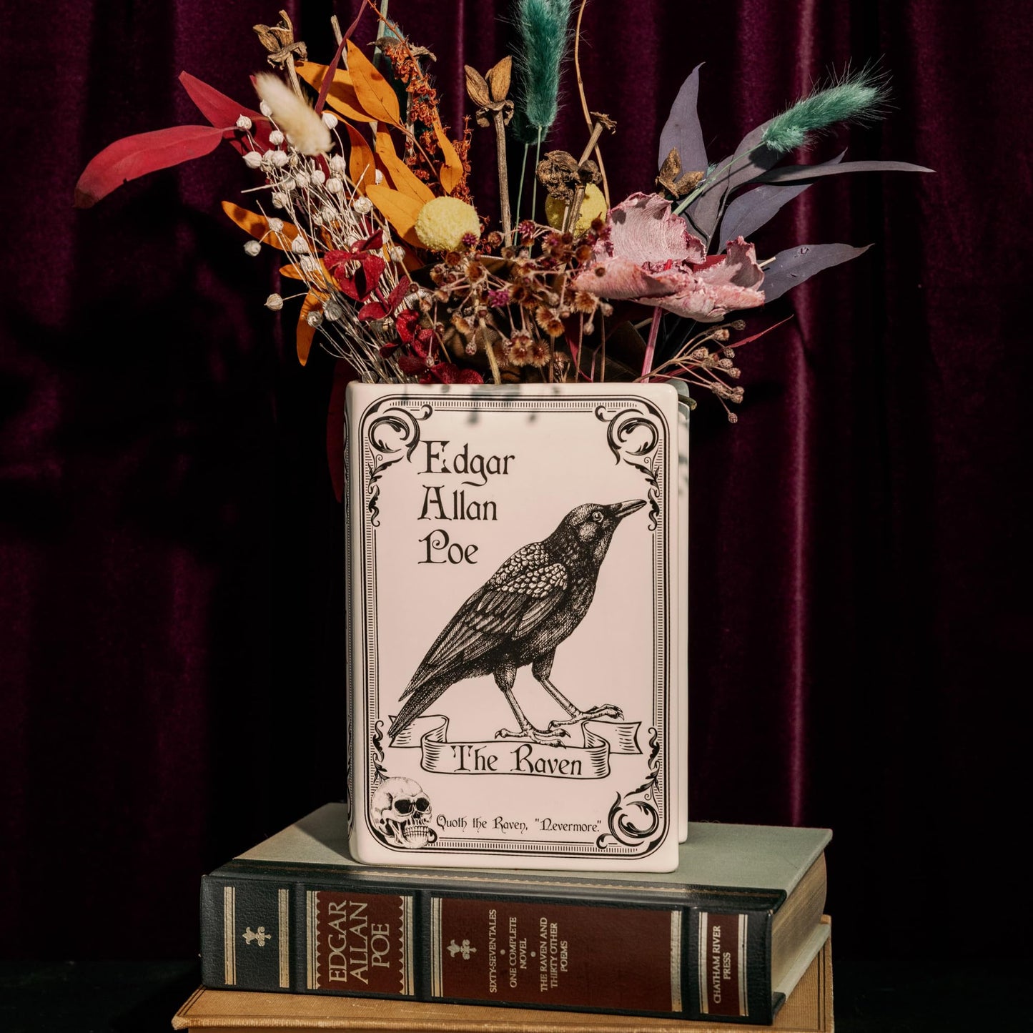 Steel Mill & Co Original Large Book-Shaped Decorative Vase, Ceramic Vases for Home Decor, Gothic Bookshelf Decor, Unique Vase for Book Lovers (The Raven - White)