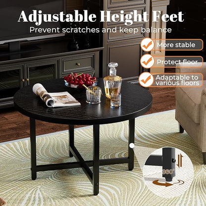 FAMIDGE Round Coffee Table, Small Coffee Tables for Living Room, Black Coffee Table with Metal Frame, Floor Table Desk for Sitting on The Floor, Home, Office, Farmhouse, Black (23.6" D x 17.7" H)