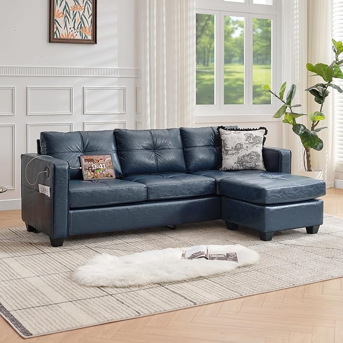 TYBOATLE 88" W Blue Faux Leather L Shaped Sectional Couches w/Side Pockets