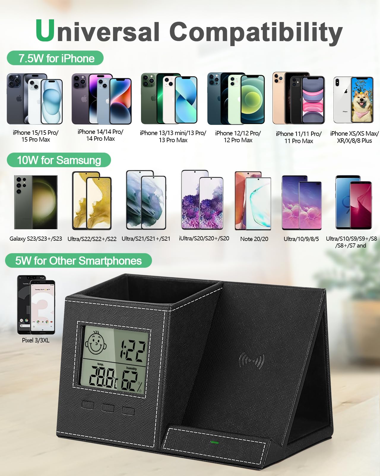 Investme Pen Holder with Wireless Charger, Built in Digital Indoor Thermometer and Humidity Monitor, Multi-Functional Desktop Organizer for Home, School, Office Supply, Midnight Black