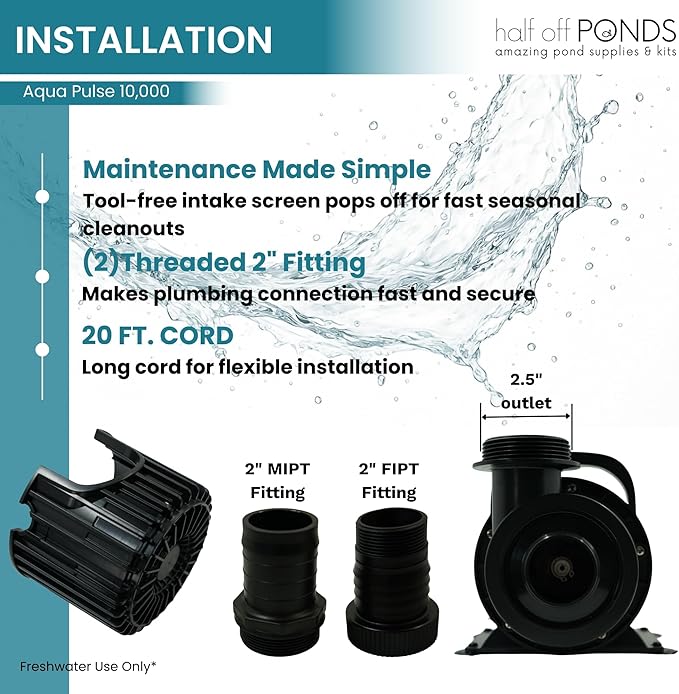 HALF OFF PONDS Submersible Water Pump, 10,000 GPH Pond Pump with 20FT Power Cord and 31FT Max Head, 720W Ultra Quiet Energy Efficient Pump for Koi Pond, Fountain, Waterfall, Water Garden, Skimmer