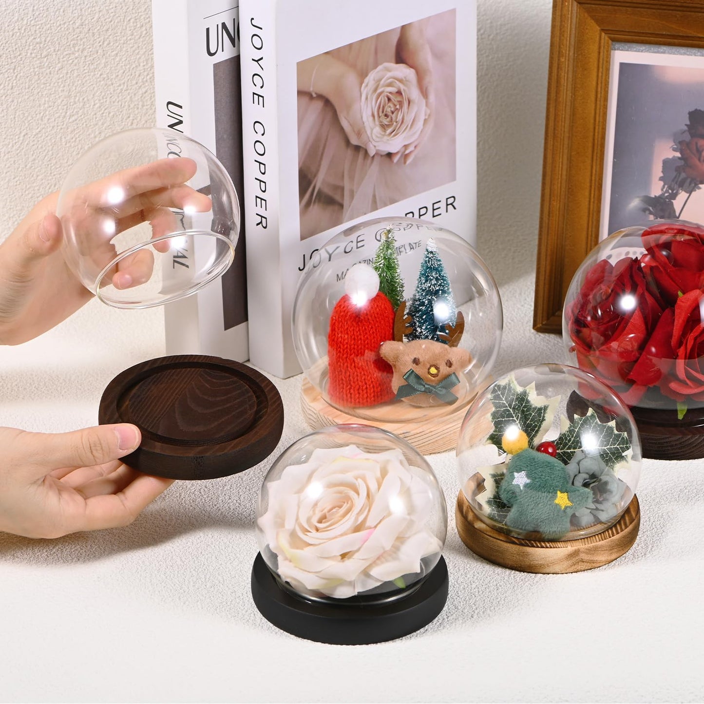 M METERXITY Cloche Glass Dome, D4.7In Ball Jar with Wooden Base for DIY Snow Globes/Small Plants/Flowers/Candles/Models/Souvenirs, Glass Display Case [Burnt]