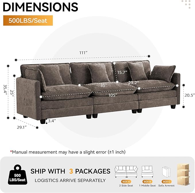 111'' Sectional Cloud Deep Seat Couch, Modern Comfy Chenille Modular Sectional