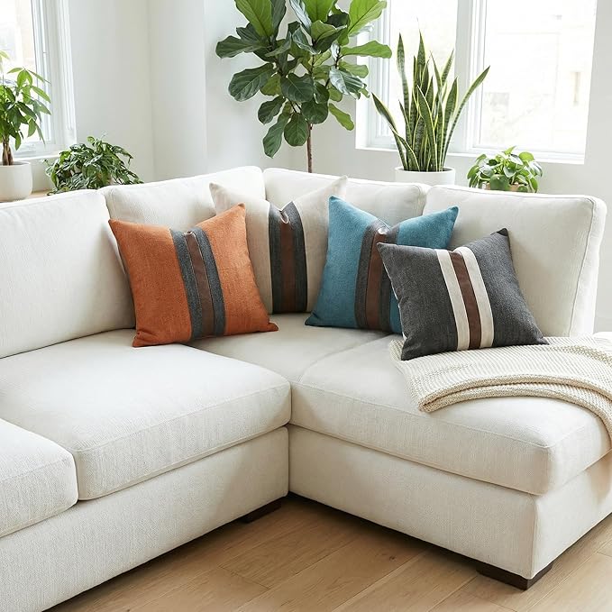 Set of 2 Leather Throw Pillow Covers Cotton Linen Decor Patchwork Pillow Cover