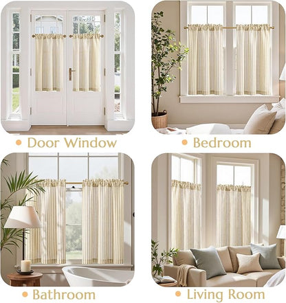 jinchan Linen Kitchen Curtains Striped Tier Ticking Stripe Pinstripe Cafe 36 Inch Length for Living Room Bathroom Farmhouse Rustic Curtains Rod Pocket 2 Panels Beige