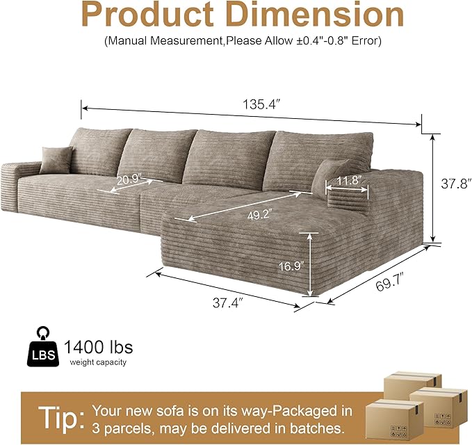 136" Sectional Couches for Living Room Cloud Couch Sofa