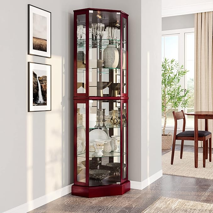 BELLEZE Lighted Corner Display Curio Cabinet Wooden Curved Shelving Unit
