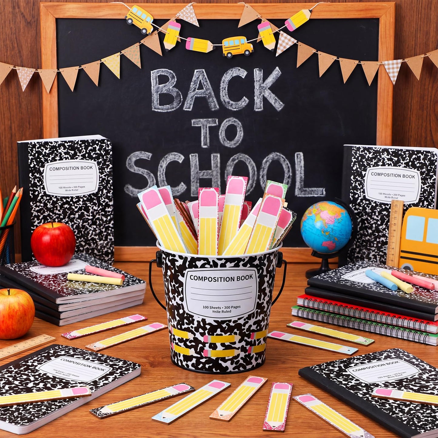 ReliThick 101 Pcs Compositoin Notebook Flip Name Sticks with Metal Buckets Back to School Talking Sticks with Metal Holder Set for Classroom Management Tool Teacher Essentials Educational Activities