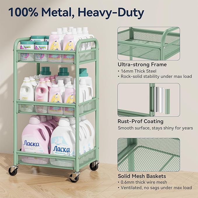 YASONIC 3 Tier Rolling Cart – Metal Utility Storage Carts