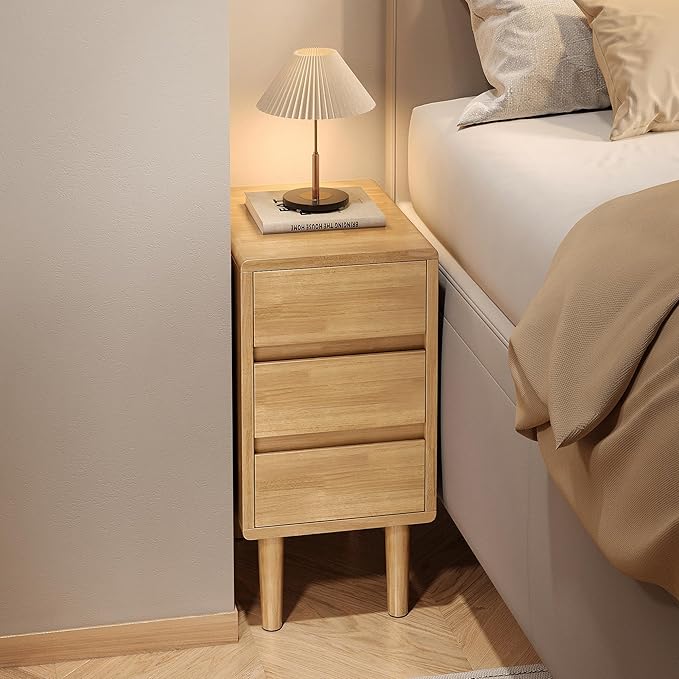 Nightstand with 3 Drawers Narrow Night Stand Solid Wood Bedside Table Mid