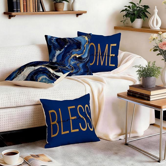 OBSEDE Blue Marble with Faith Quotes Decorative Throw Pillow Covers 18 × 18 in