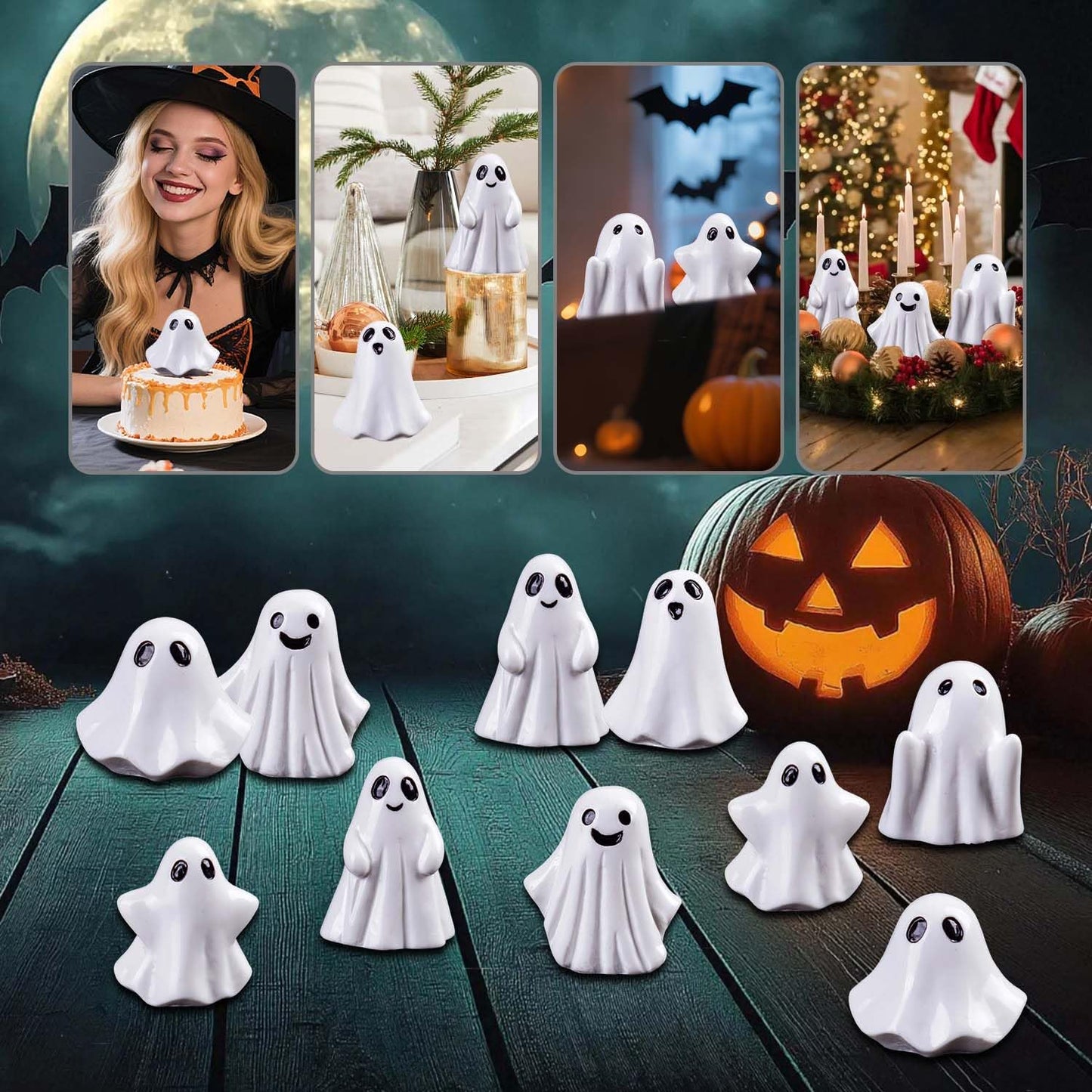 SHIFANQI 60pcs Mini Halloween Ghost Figurines, Small Resin Ghost Statues Miniature Decorations, 6 Styles Cute Spooky Ghost Figures for Tiered Tray Cake Topper Halloween Party Supplies