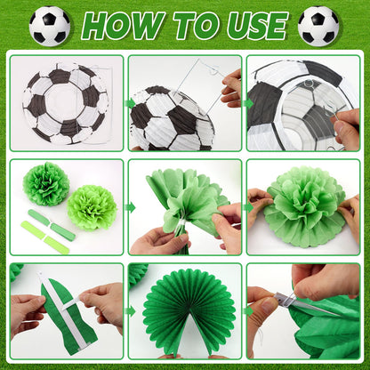 OBBOLO Soccer Birthday Party Decorations, Pre-Strung Soccer Birthday Banners, Including 2 Soccer Ball Paper Lanterns, Green Paper Fans and Pompoms for Boys Birthdays, Sports Party Decorations