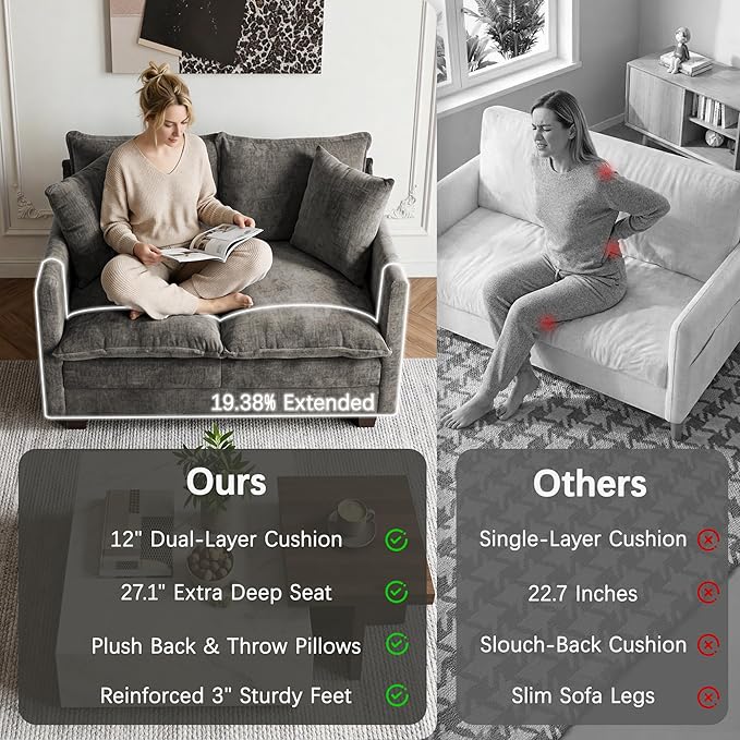 52'' Loveseat Sofa with Ottoman, Cloud Sofa Couch with 27" Deep Seat & 2 Pillows