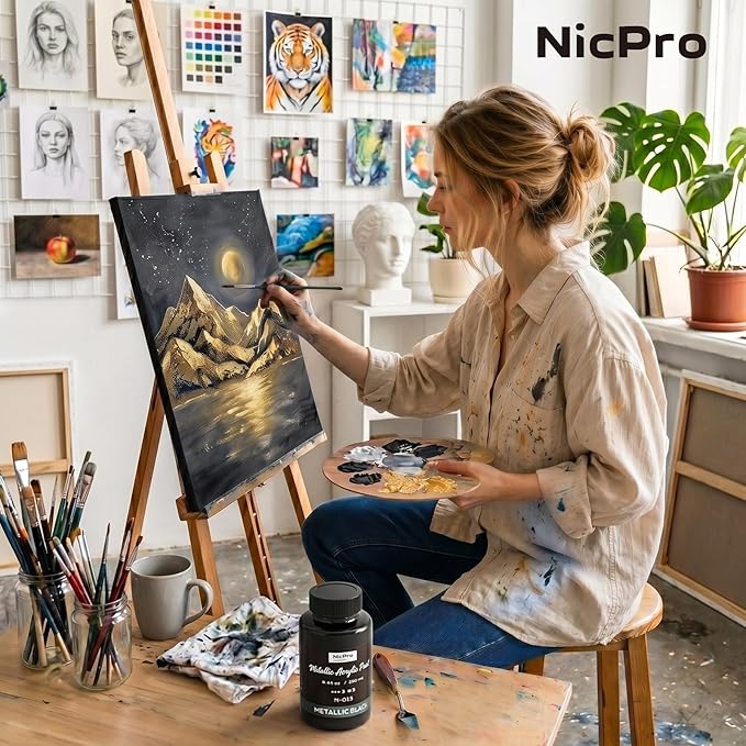 Nicpro Metallic Black Acrylic Paint, 8.45oz/250ml Large Pearlescent Acrylic