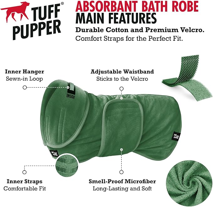 Tuff Pupper Fast Drying Dog Bath Robe | 800 GSM Plush Dog Towel Bathrobe/Dressing Gown | Super Absorbent Pet/Puppy Bathrobe | Adjustable Hood & Belly Strap | Super Soft | Fast Drying (M, Green)