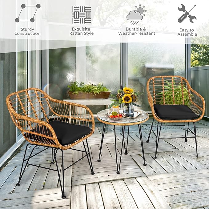 Tangkula 3 Pieces Patio Bistro Set, Rattan Conversation Set