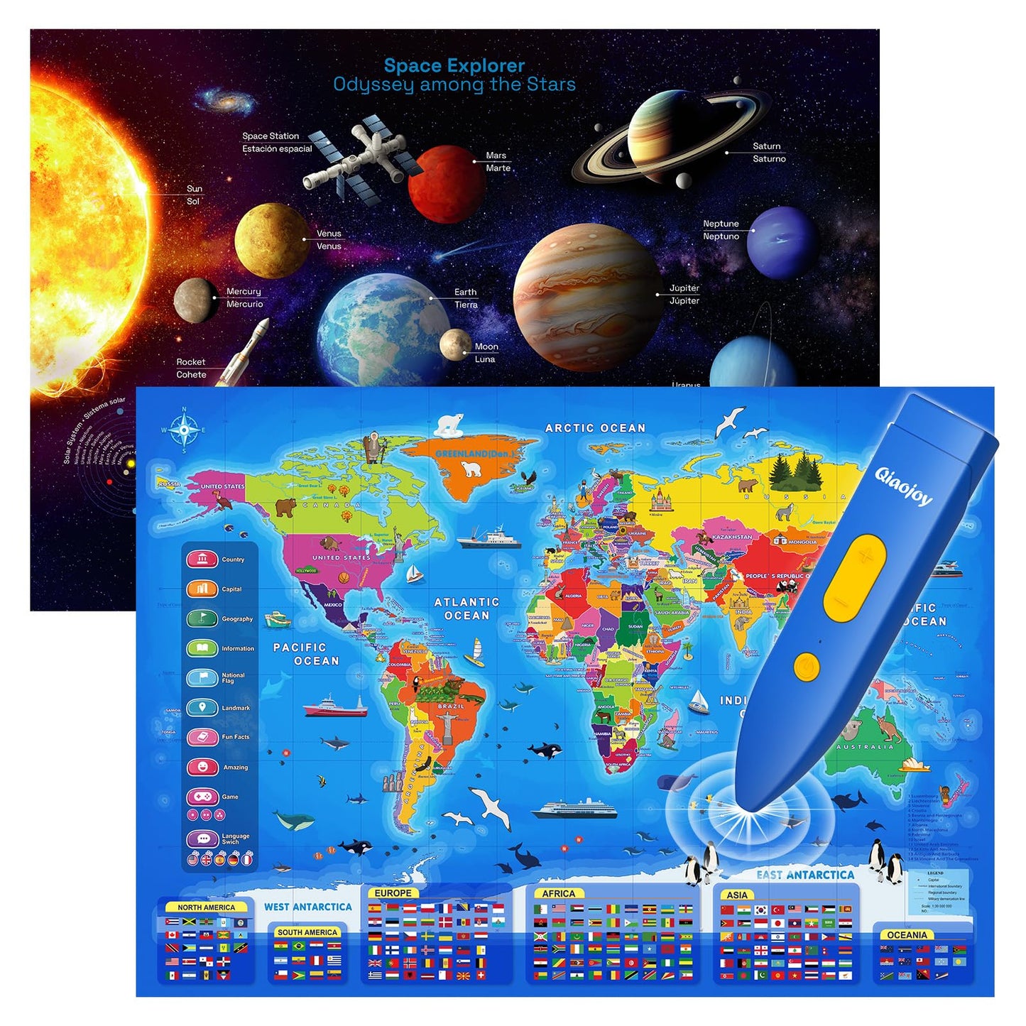 Qiaojoy Bilingual Interactive World Map for Kids Learning and Educational Toys, Talking Electronic Kids World Map i-Poster Geography Games Ages 3 to 12 Years Old, Custom Talking Birthday Gifts Card