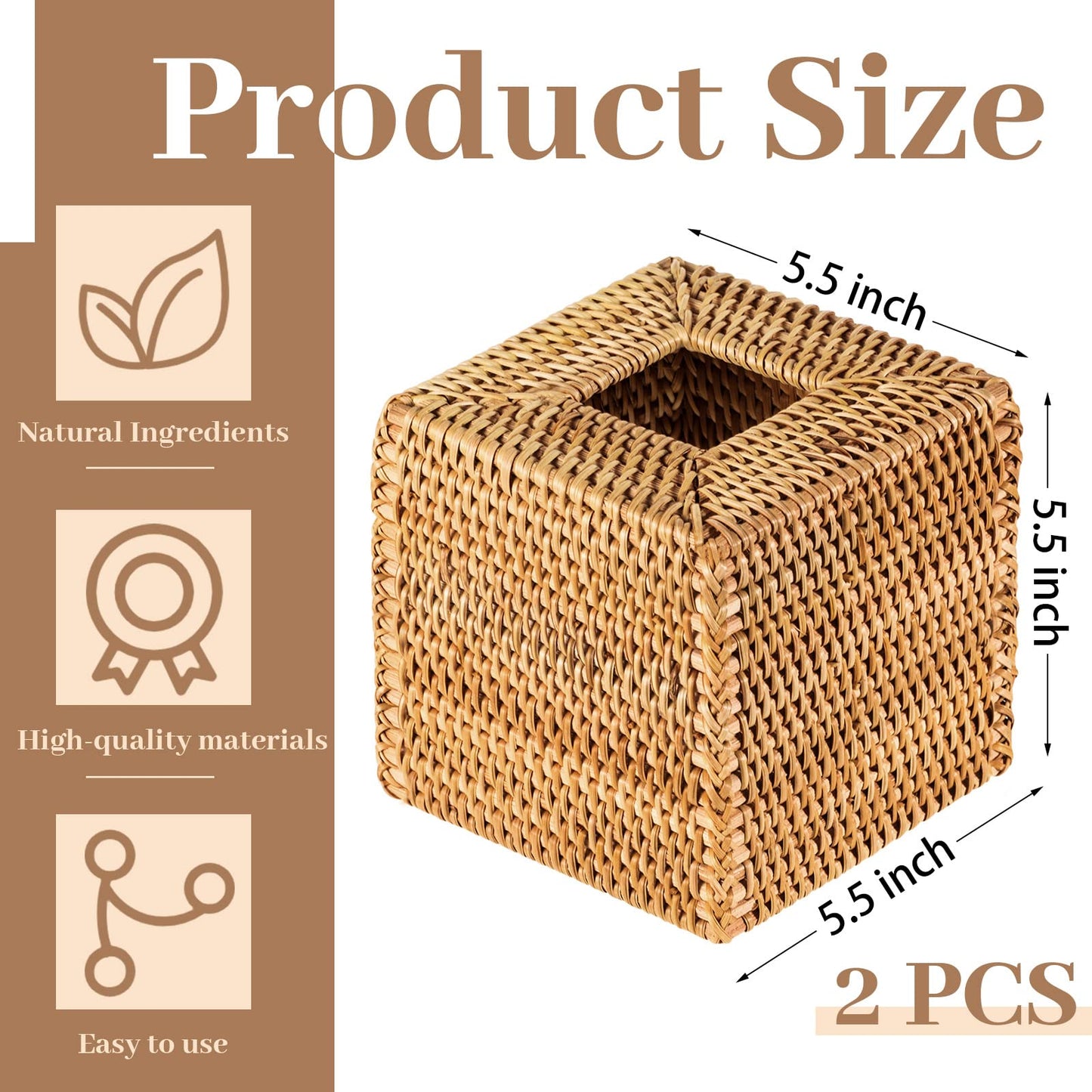 Kigley 2 Pcs Square Rattan Tissue Box Cover Boho Wicker Tissue Cube Box Cover 5.5'' x 5.5'' x 5.5'' Decorative Natural Wicker Hand Woven Napkin Box Holder Bathroom Office Car Accessories (Wood)