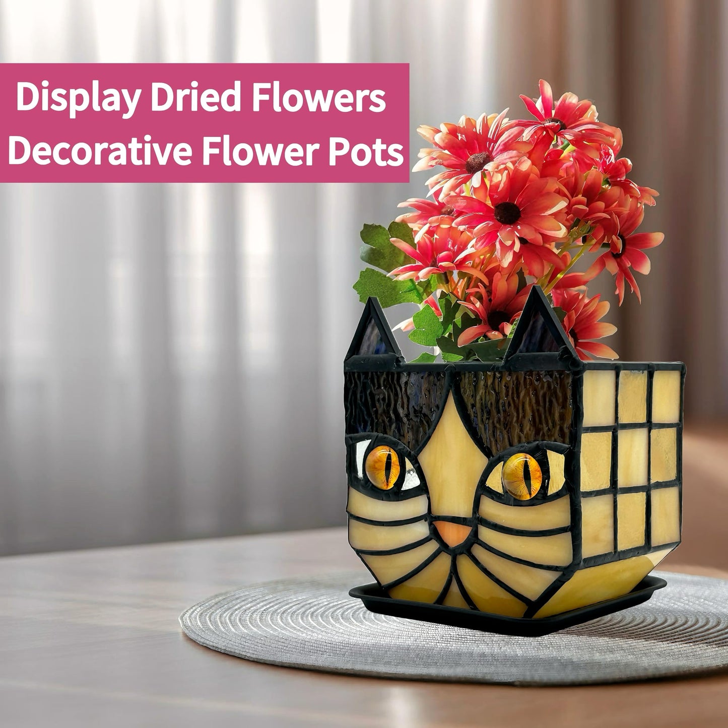 Entlityful Yellow Cat Plant Pot with Drainage,Cute Planters for Indoor Plants,Stained Glass Cat Flower Pots,Fun Candle Holder Glass Container,Gifts for Gardeners Woman
