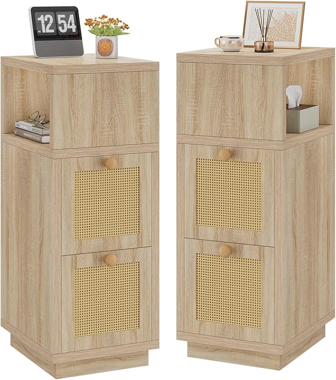 YMYNY Rattan Nightstands Set of 2, Boho Bedside Table
