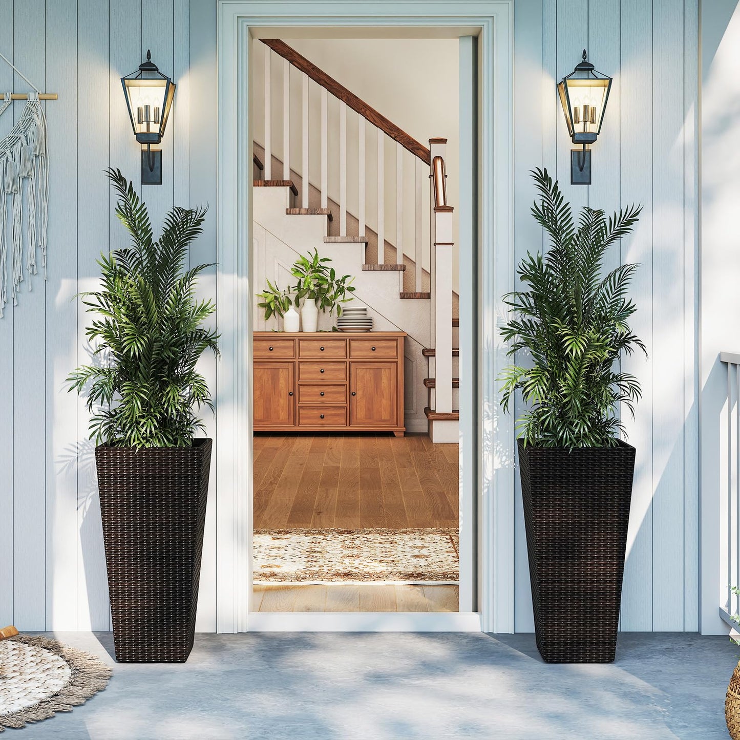 Giantex Set of 2 Outdoor Wicker Flower Pot, 30 Inch Tall Planters with Drainage System, PE Rattan Flower Pots, Indoor Outdoor Decoration for Front Porch Balcony Entryway, Dark Brown