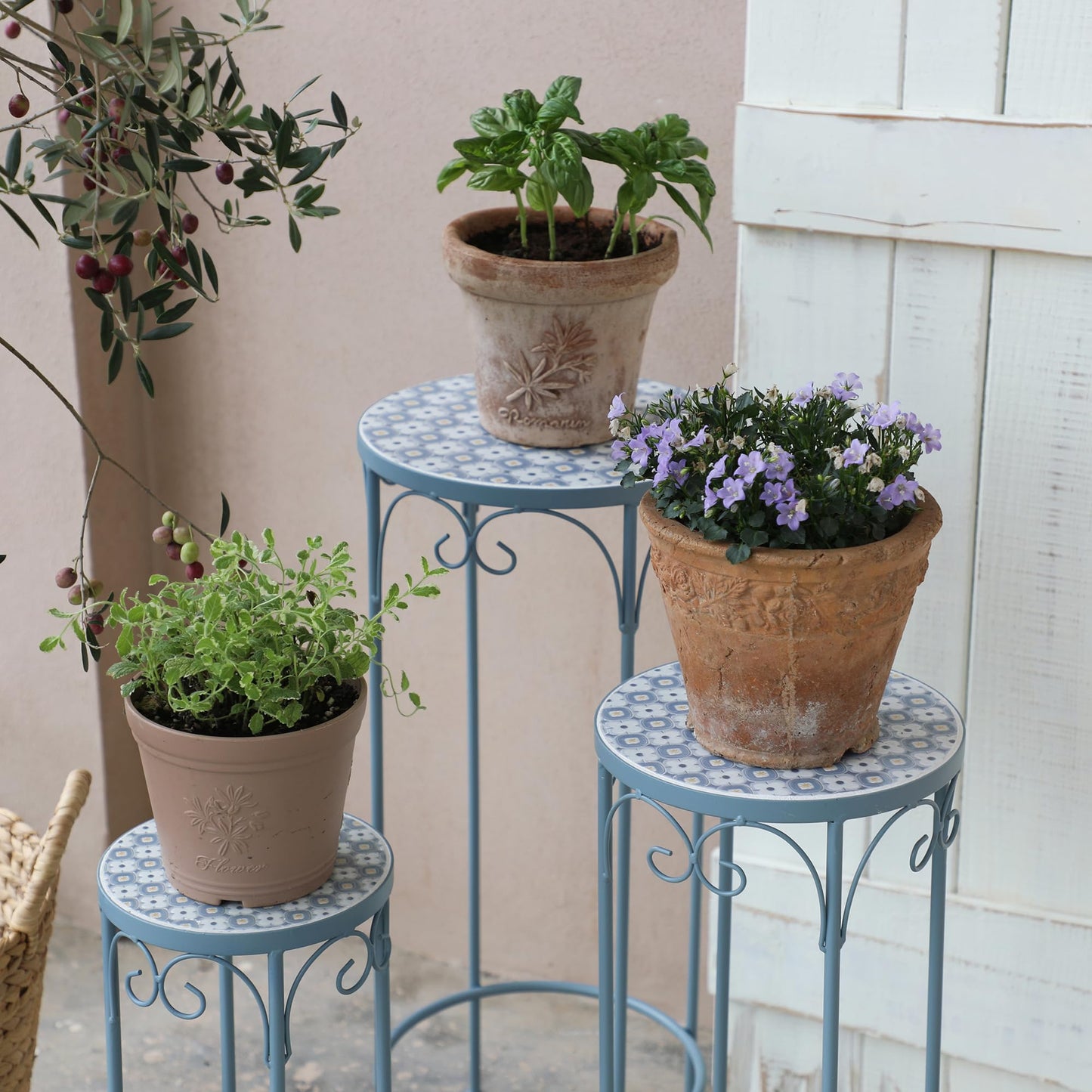 Metal Plant Stand Set of 3 Round Ceramic Top 28" Tall Mosaic Flower Stand Tile Nesting Display Side Table Indoor Outdoor Plant Rack Flower Holder for Wedding Party Patio Living Room Frame Stackable Garden Accessory Decorative Blue