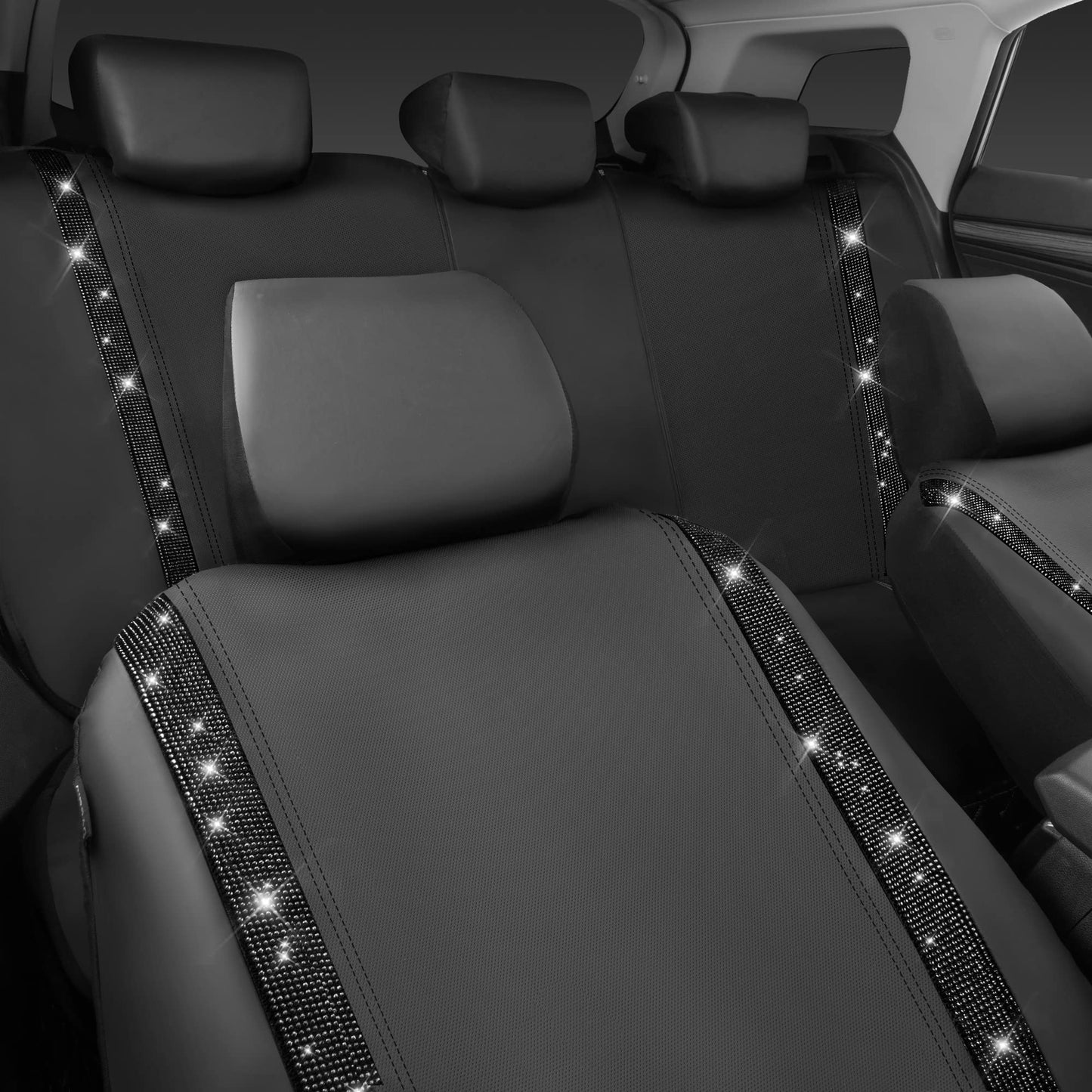CAR PASS Leather Bling Diamond Car Seat Covers Full Set, Shining Rhinestone Waterproof Durable Rear with Zipper, Universal Fit Automotive Glitter Crystal Sparkle Strip for Cute Women Girly Black