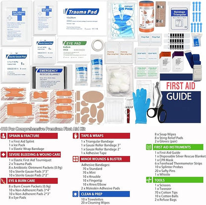 Premium 418-Piece First Aid Kit for Home, Travel, Camping, Hiking & Outdoor Emergencies, Tear-Resistant Survival Kits for Business, Vehicle & School, Multi-Use Emergency Medical Supplies
