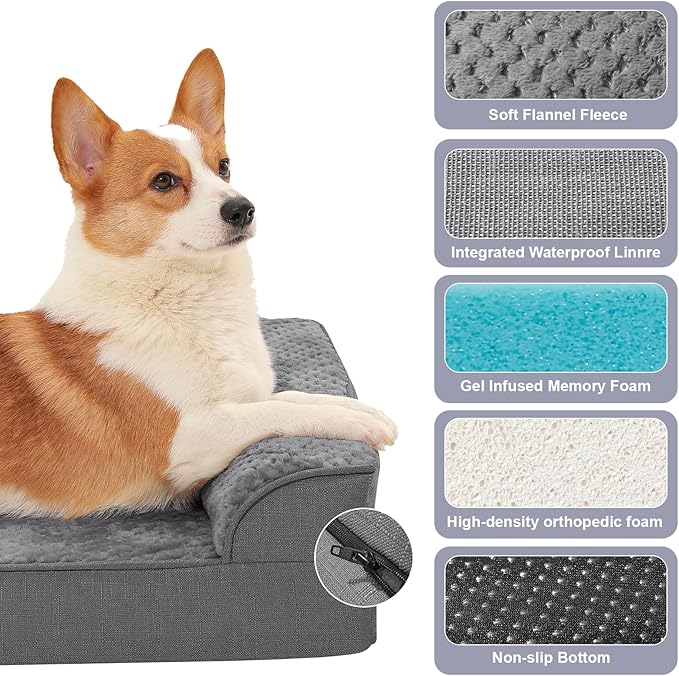 Rainmr Orthopedic Dog Beds for Large Dogs, Memory Foam Dog Beds Large Sized Dogs, Washable Removable Cover, Nonskid Bottom, Waterproof, for Indoor, Outdoor, Crate ＆ Car Use, 36x27x6 Inches, Dark Grey