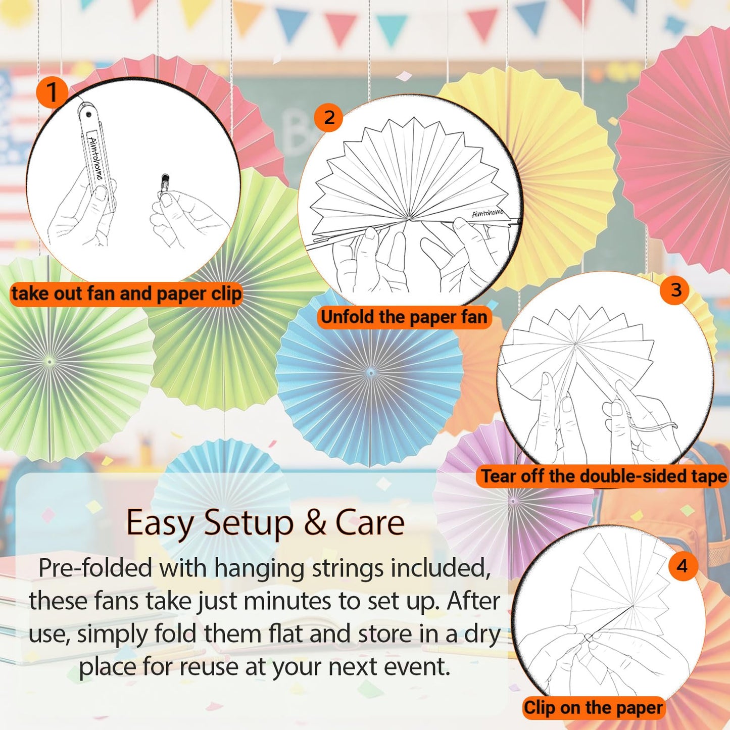 AimtoHome Rainbow Paper Round Fan Decorations,Vibrant Red Green Yellow Blue Orange Purple Hanging Fans, Fiesta Party Decor, Wedding Birthday Backdrop, Back to School Decor, Set of 12, 10", 12"