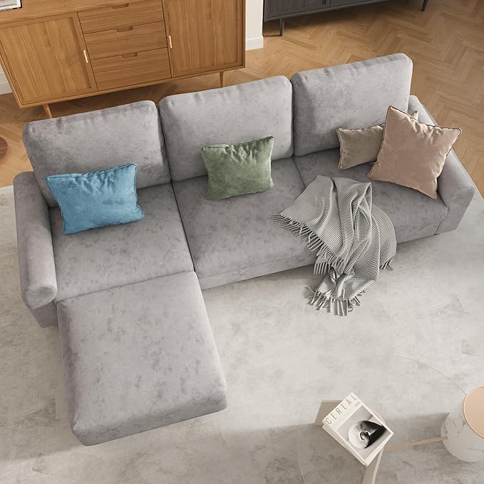 EASE MOOSE Large Seat Velvet L-Shaped Sofa, Soft 4 Seat Couch