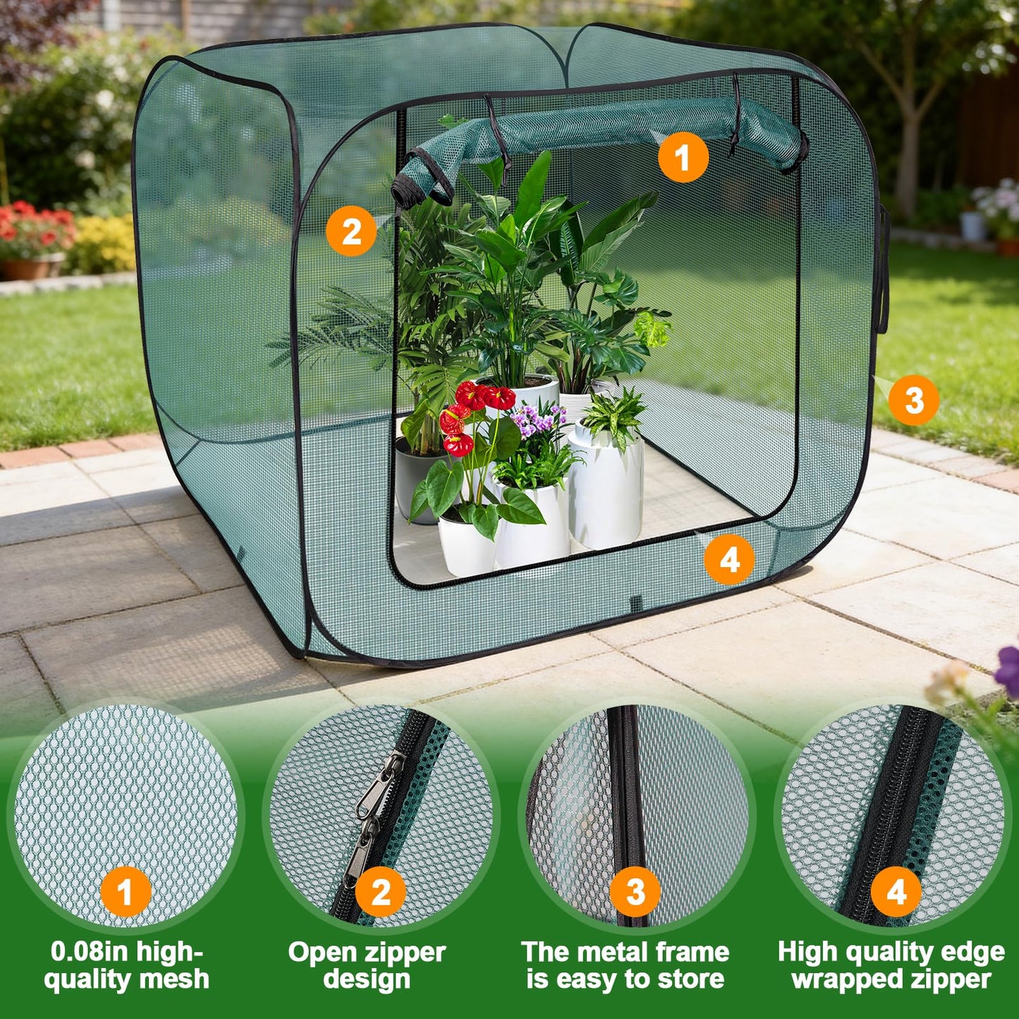 RGQSUN 1Pcs 47 x 47 x 43in Pop-up Garden Mesh Plant Cover,Large Pest Guard Cover,Plant Gardening Net Cover with Zip and Stakes for Protecting Vegetable Fruits Plant from Birds Insects