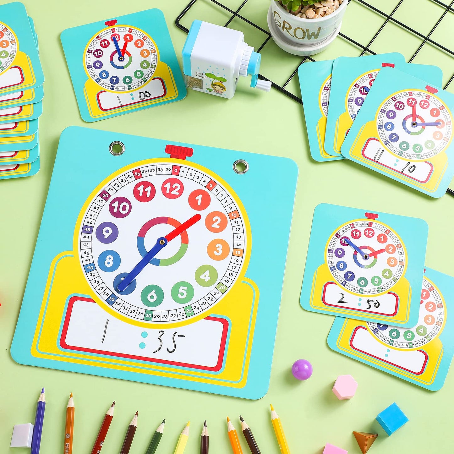 Junkin 25 Pcs Teaching Clock Kit, Learning Clocks for Kids Learning Time with Erasable Surface for Home School Classroom Supplies(Vivid Style)