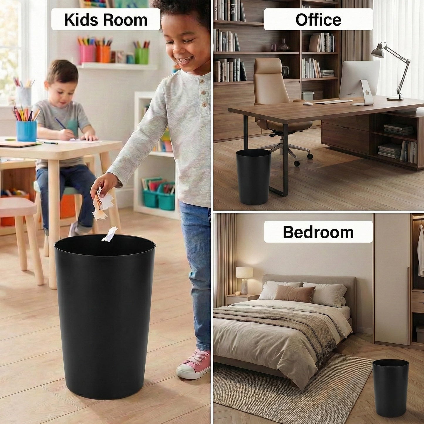 Mini Waste Basket - Durable Small Plastic Garbage Trash Can Bin - Lidless Open-Top, Slim Profile for Compact Spaces - Suitable for Home, Bathroom, Office, Bedroom, Kitchen and More, Black