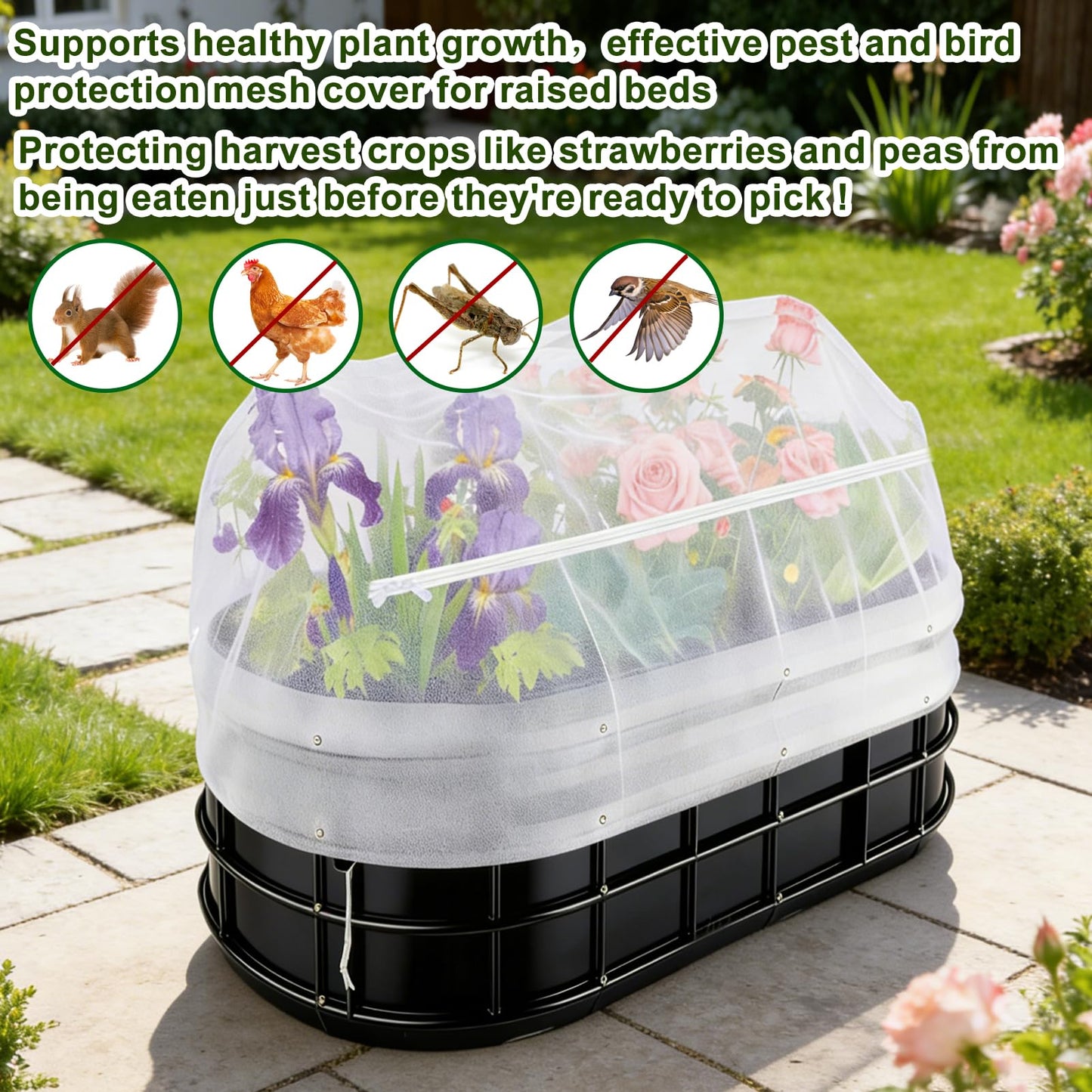 1 Pack Garden Netting for Raised Beds, Fine Mesh Bird Netting Barrier Screen with Zipper Drawstring Garden Bed Plant Cover for Protect Vegetable Fruits Crop from Animals Pest Insect, 4.1×4.1×2Ft