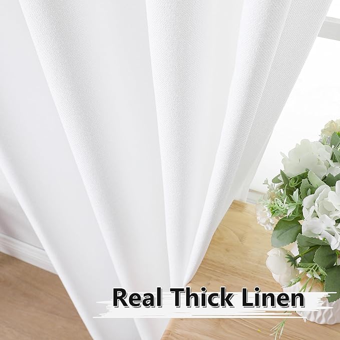 Tollpiz Short Linen Curtains Bedroom Rod Pocket Semi Sheer Curtain Burlap Light Filtering Thick Linen Drapes for Living Room, 38 x 45 inches Long, White, Set of 2 Panels