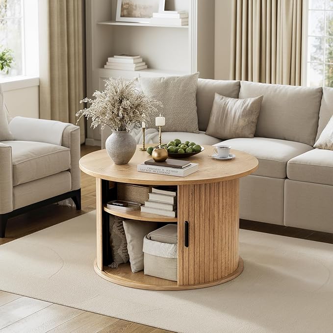 FABATO Round Lift Top Coffee Table, Fluted Wood Accent Coffee Table